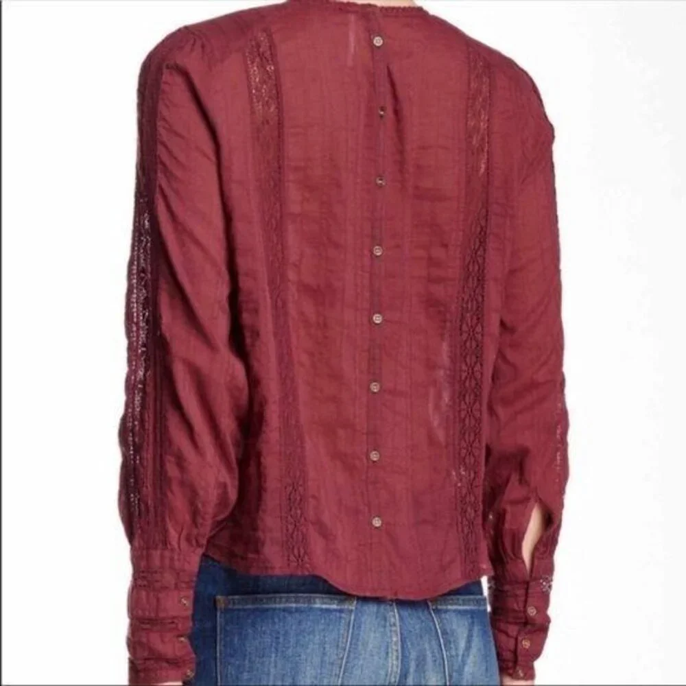 Free People Button Back Lace XS Top Without You Burgundy Maroon Anthropologie